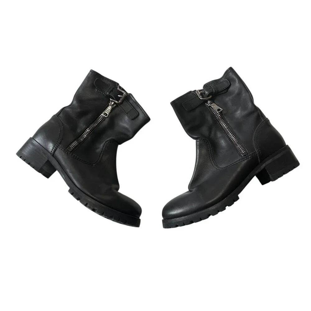 Prada Biker Boots Black Leather Lug Sole Ankle Boots EU 38.5